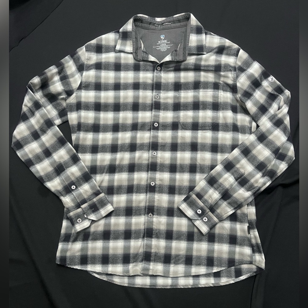 Kuhl Long Sleeve Flannel Shirt Mens Large Black and White Plaid Button Up